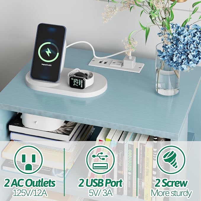 Aenuert Night Stand with Charging Station, Blue Nightstand with Drawer, 3-Tier Wooden Bedside Table with USB Ports and Outlets, End Table for Small Space, Living Room, Bedroom