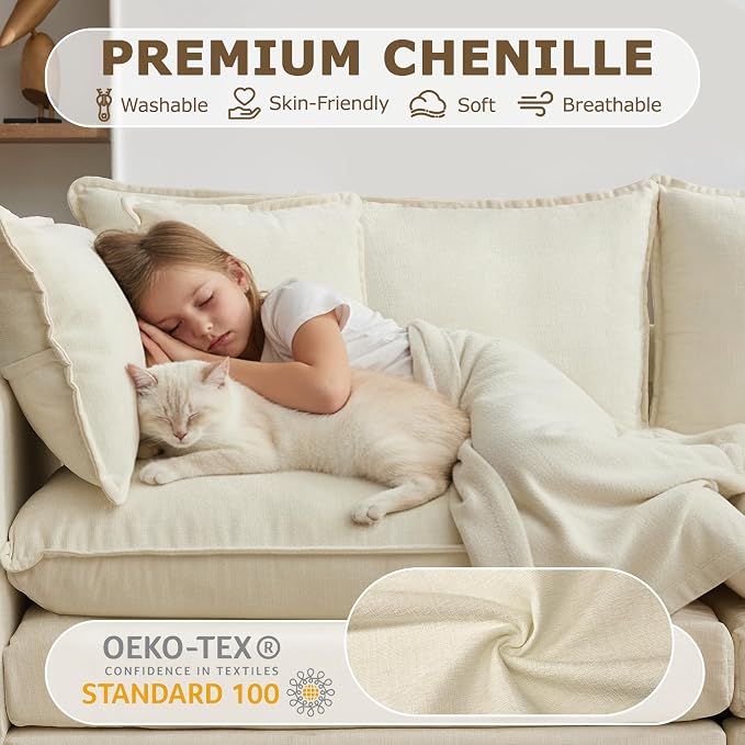 78" Modular Sectional Sofa, Cloud Couch Loveseat Sofa, Deep Seat Washable Chenille Fabric Sofa with Throw Pillows, 2 Seat Modern Couches for Living Room Bedroom Apartment, Beige