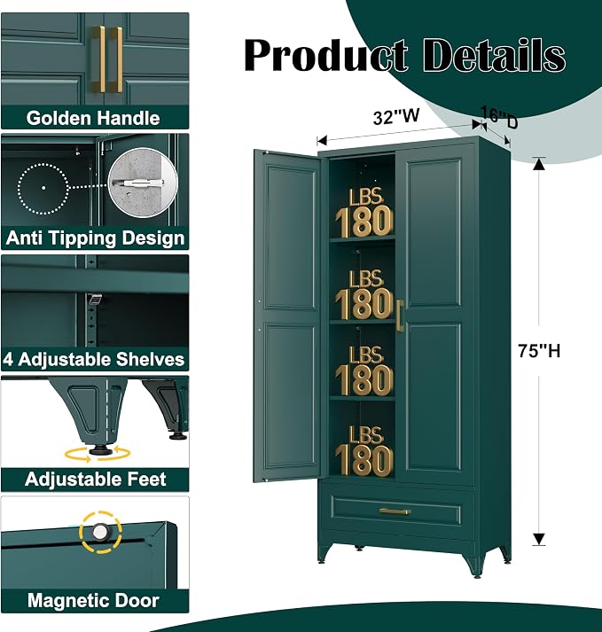 SteeLoong 75" Kitchen Pantry Cabinet with Drawer, Metal Storage Cabinets with Doors and 3 Adjustable Shelves,Green Kitchen Cabinet with 2 Gold Handles,Food Cupboard for Livingroom,Pantry, Bathroom
