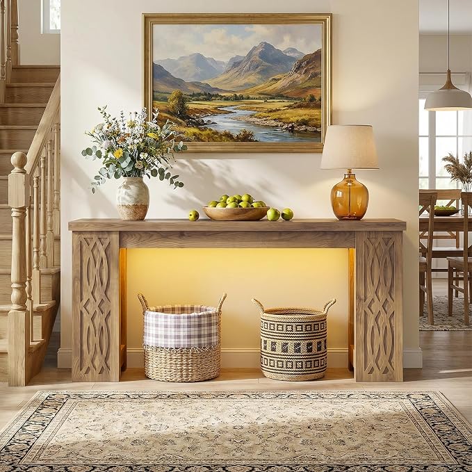 Cyclysio 63" Console Table with Outlet, Farmhouse Entryway Table with Colorful LED Lights, Wooden Sofa Table with Unique Carved Design, Foyer Accent Table for Entrance, Hallway, Living Room Natural