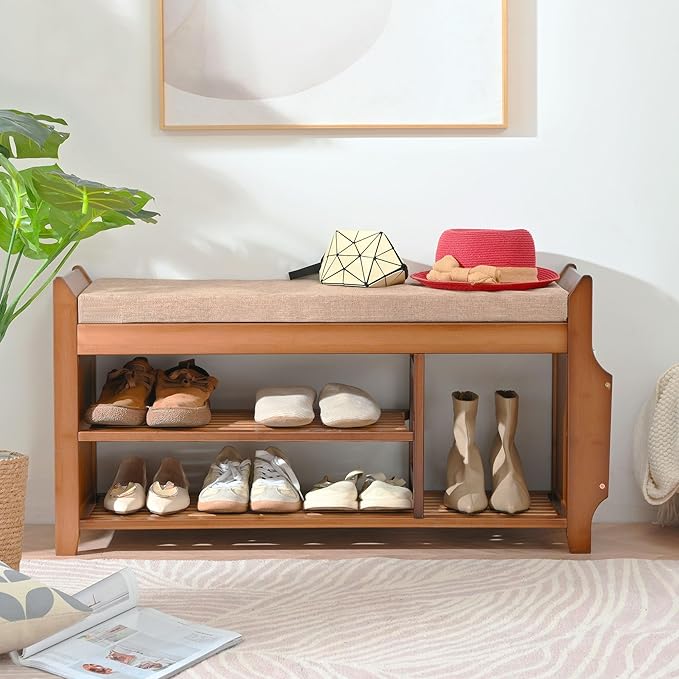 PETKABOO Shoe Bench with Hidden Drawer and Side Holder, 2 Tier Entryway Bench with Storage 39.4 in, Bamboo Shoe Rack with Cushion for Entryway Hallway Living Room Bedroom