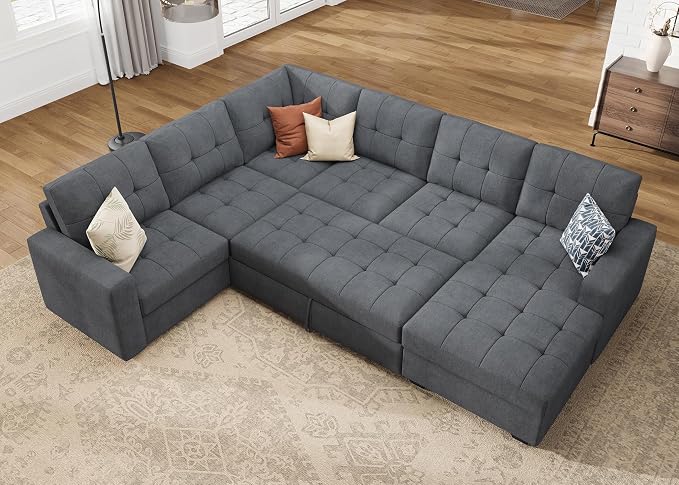 HONBAY Modular Sectional Sleeper Sofa with Pull Out Bed, U Shaped Sleeper Couches with Storage Chaise, 114'' Sleeper Sectional Sofas for Living Room, Apartment (Bluish Grey)