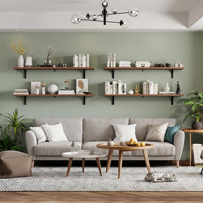 12 Inch Deep Floating Shelves Set of 4, 48 Inch Extra Wide Brown Solid Wood Wall Shelves, 4ft Heavy Duty Farmhouse Wall Mounted Shelving for Kitchen, Living Room & Bedroom