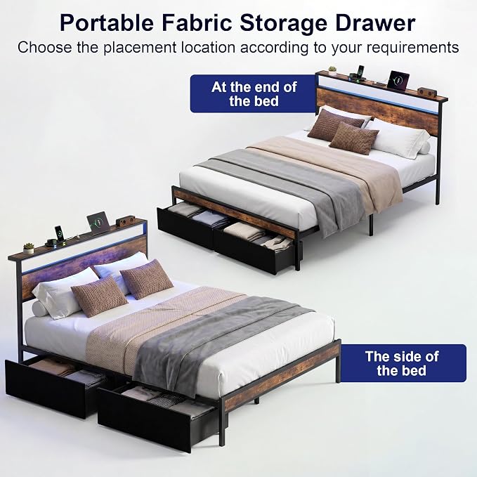 Full Bed Frame with 2 Drawers and Storage Headboard, Metal Platform with LED Lights and Charging Station, No Box Spring Needed, Noise Free, Easy Assembly