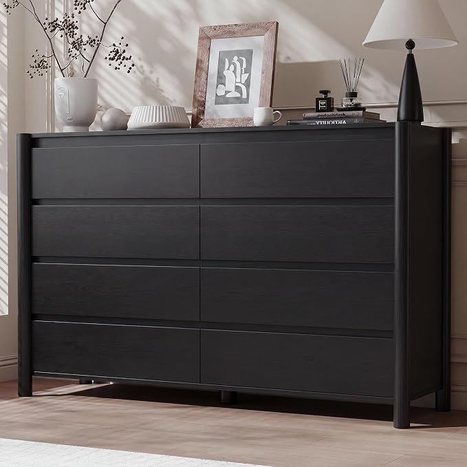 CHUWELL 3-Piece Bedroom Dresser Set-8 Drawer Dresser & 2 Nightstands,55" Wide Black Dresser and Night Stands Set with Solid Wood Cylindrical Legs