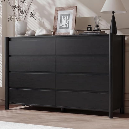 CHUWELL 3-Piece Bedroom Dresser Set-8 Drawer Dresser & 2 Nightstands,55" Wide Black Dresser and Night Stands Set with Solid Wood Cylindrical Legs