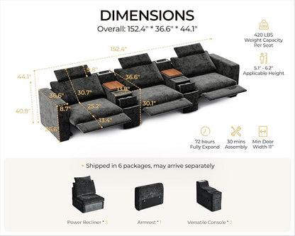 152.4" Power Recliner Sofa Wall Hugger, Modular Cloud Sectional Reclining Couch with Headrest, Storage Drawer Cup Holder, 3-Seater with 2 Consoles for Home Theater Living Room, Chenille, Black
