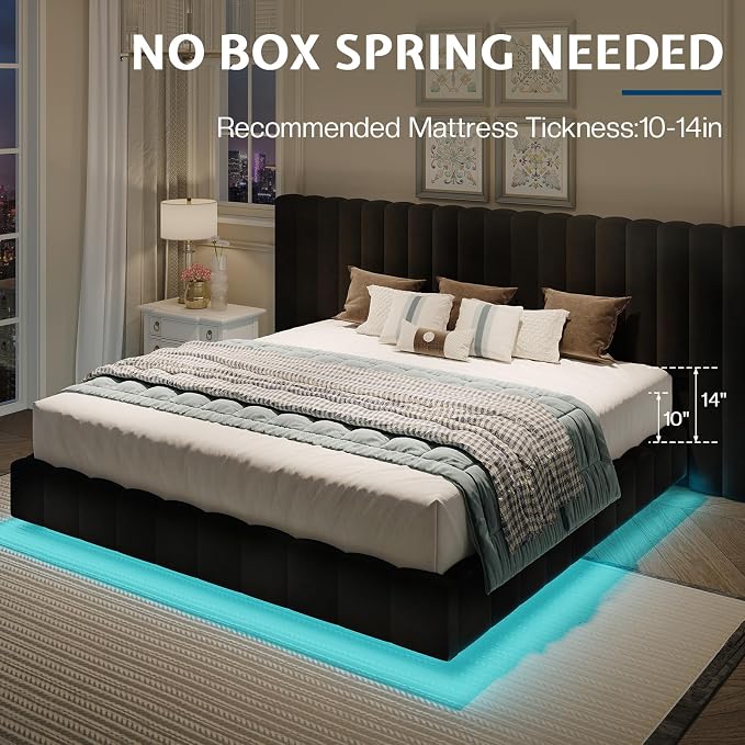 Jocisland King Size Bed Frame with 100" Wide Upholstered Headboard, Modern Velvet Floating Platform with LED Lights Underneath, No Box Spring Needed, Black