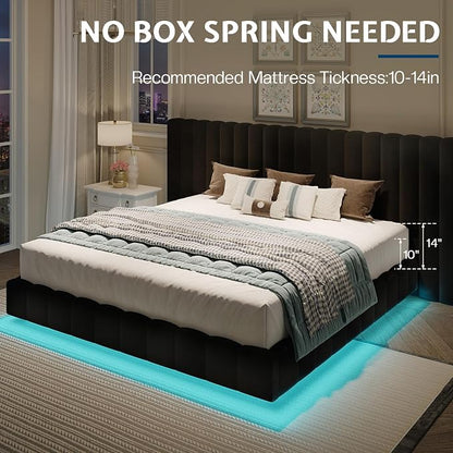 Jocisland King Size Bed Frame with 100" Wide Upholstered Headboard, Modern Velvet Floating Platform with LED Lights Underneath, No Box Spring Needed, Black