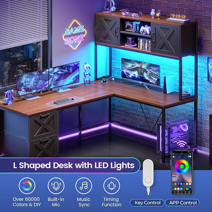 SEDETA L Shaped Gaming Desk, Reversible Computer Desk with Fabric Drawers and Power Outlet, Gaming Desk with Led Lights, Hutch and Storage Shelf for Home Office (Black and Brown)