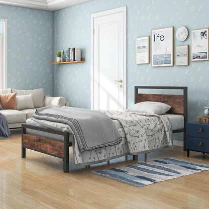 BOFENG Twin Size Bed Frame with Vintage Wood Headboard Farmhouse Bed,Heavy Duty Metal Platform Single Bed Frames No Box Spring Needed,Firm Mattress Foundation Steel Slat Support Easy Assembly(Brown)