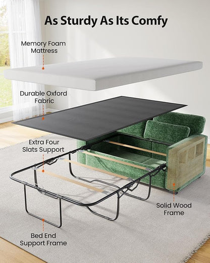 Marsail Pull Out Sofa Bed, Queen Size Sleeper Sofa with Memory Foam Mattress, 2-in-1 Convertible Chenille Couch Bed with 2 USB Charging and Removable Covers, Loveseat for Living Room, Apartment, Green