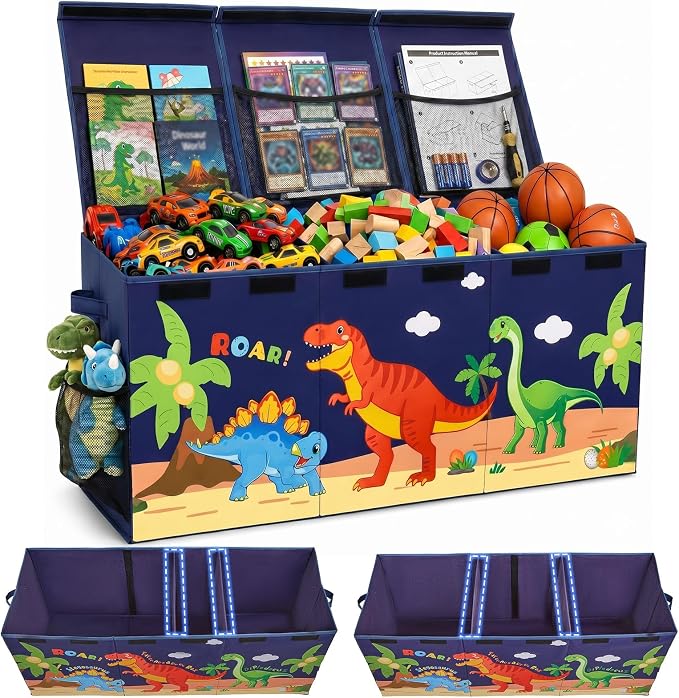 Unicorn Castle Toy Box with Adjustable Divider Toy Chest Storage Large Toy Storage Organizer Bin Collapsible with Lid Pockets for Nursery Playroom,Dark Blue Dinosaur