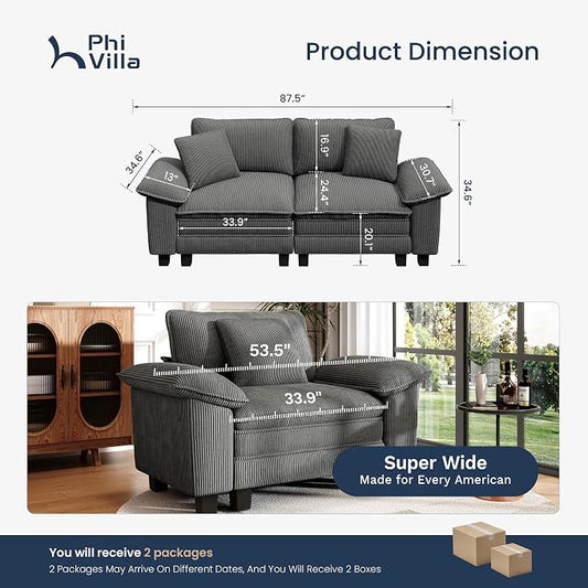 PHI VILLA Cloud Modular Couches Sets, 87.5" Sectional Loveseat Sofa with Upholstered Deep Seat, 2-Seater Comfy Couches for Living Room Bedroom, Corduroy Fabric, Grey
