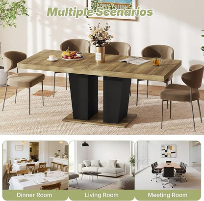 Zevemomo 63"-78.7" Expandable Dining Table, 6-10 Rectangle Table, Extendable Console Table, Wooden Farmhouse Kitchen Table with Metal Track & Dual Column Base for Living, Office-Brown