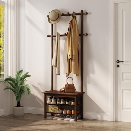 AQIMUELE Hall Tree, Coat Rack with Shoe Storage, Wooden Hall Tree with Bench, 11 Hooks and 2-Tier Storage Shelves, Entryway Bench with Coat Rack (23.6" - Deep Walnut)