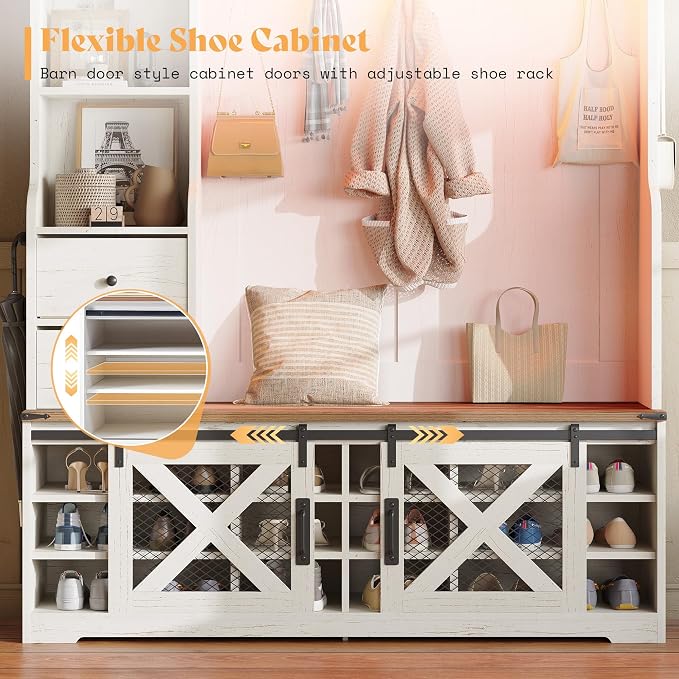AMERLIFE 75" 7-in-1 Farmhouse Hall Tree with Bench and shoe storage, LED Entryway Bench with Coat Rack, 12 Shoe Cubbies, 2 Drawers, Barn Doors & Adjustable Shelf, Mudroom Hallway Cabinet, Rustic White