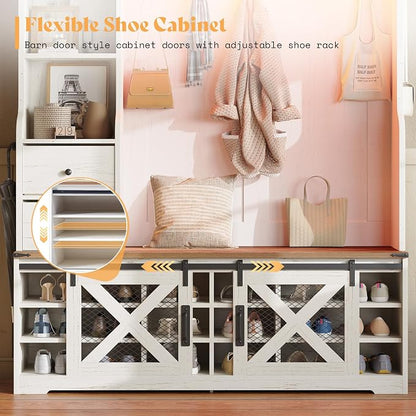 AMERLIFE 75" 7-in-1 Farmhouse Hall Tree with Bench and shoe storage, LED Entryway Bench with Coat Rack, 12 Shoe Cubbies, 2 Drawers, Barn Doors & Adjustable Shelf, Mudroom Hallway Cabinet, Rustic White