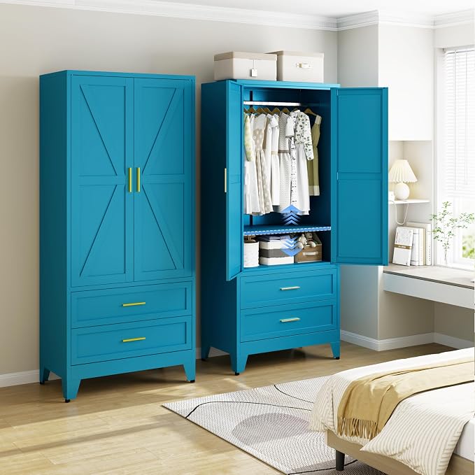 Metal Armoire Wardrobe Closet with Drawers, 71" Wardrobe Cabinet with Adjustable Shelves and Hanging Rod for Bedroom, Blue Metal Closet Storage Cabinet with 2 Doors & 2 Drawers