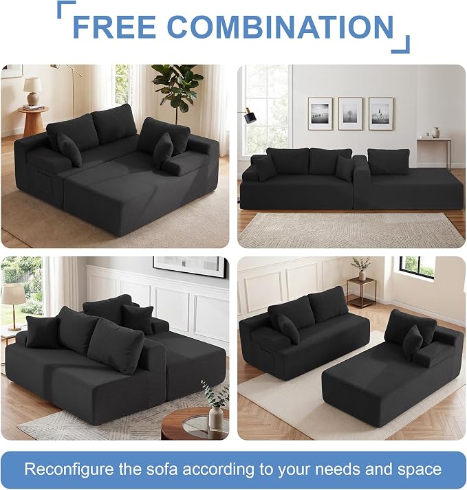 Hobestluk Modular Sectional Sofa Couches L-Shape Couch 3 Seat Modular Sofa Memory Foam Sectional Couches for Living Room, Cloud Couch with Oversized Chaise (Black Smooth, 108", Right Hand Facing)
