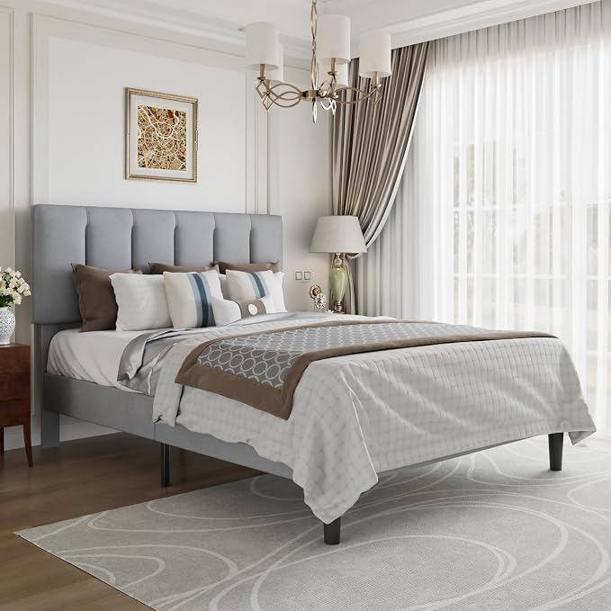 VECELO Queen Size Bed Frame with Upholstered Headboard, Heavy-Duty Bedframe with Strong Wooden Slats Support, No Boxing Spring Needed, Light Grey