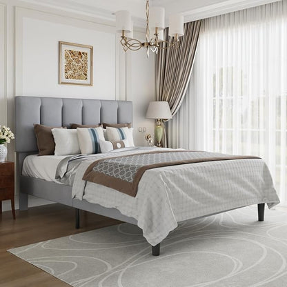 VECELO Queen Size Bed Frame with Upholstered Headboard, Heavy-Duty Bedframe with Strong Wooden Slats Support, No Boxing Spring Needed, Light Grey
