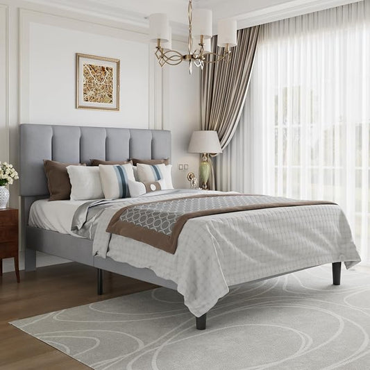 VECELO Queen Size Bed Frame with Upholstered Headboard, Heavy-Duty Bedframe with Strong Wooden Slats Support, No Boxing Spring Needed, Light Grey