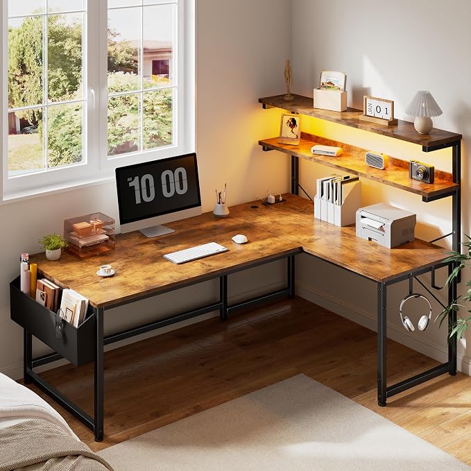 DurayLoly 53'' L Shaped Desk Gaming Desk with LED Light & 5 Power Outlet, Reversible Computer Desk with Shelves & Storage Bag & Hook for Home Office, Rustic Brown