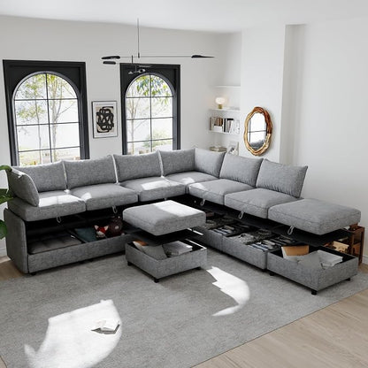 129-Inch Oversized 8 Seat Modular Cloud Sofa Deep Seat Storage Sectional Sofa Couch Free Combination W/Movable Ottomans,L/U Shaped Chenille Upholstered Convertible Sleeper Couch for Home Apartment | Space Saving