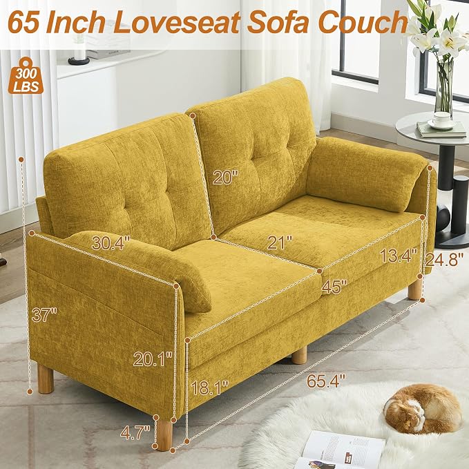 WUTUTUEE 65" Chenille Loveseat Sofa, Modern 2-Seater Love Seat Couch with Armrest Pillows, Storage Pockets, Easy Assembly, Upholstered Tufted Loveseat Couches for Living Room Bedroom, Yellow