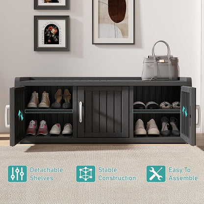 Outdoor Shoe Bench, Weatherproof UV Protected Resin Entryway Shoe Storage Cabinet with 3 Doors, Multipurpose Shoe Organizer Seat for Porch Patio Hallway Indoor Bedroom, Matte Black