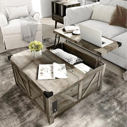 jimeimen Farmhouse Lift Top Coffee Table with Storage, Wood Square Center Table with Charging Station&USB Port, Living Room Table w/Large Hidden Space, for Living Room, Bedroom, Home Office, Grey