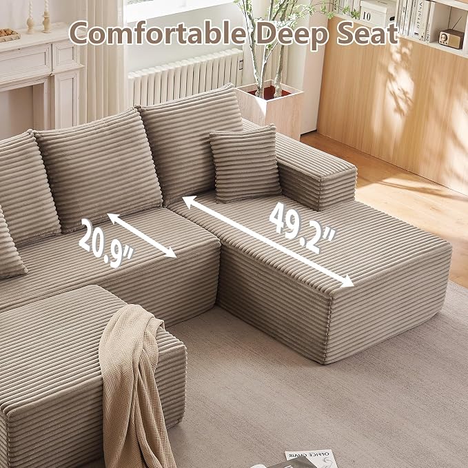 107" Comfy U-Shaped Sectional Modern Boneless Corduroy Couch with Chaise - No Assembly Required! Deep-Seat, Upholstered Modular Cloud Sofa for Living Room, Plush Corduroy Fabric(Camel)
