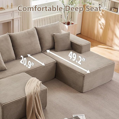 107" Comfy U-Shaped Sectional Modern Boneless Corduroy Couch with Chaise - No Assembly Required! Deep-Seat, Upholstered Modular Cloud Sofa for Living Room, Plush Corduroy Fabric(Camel)
