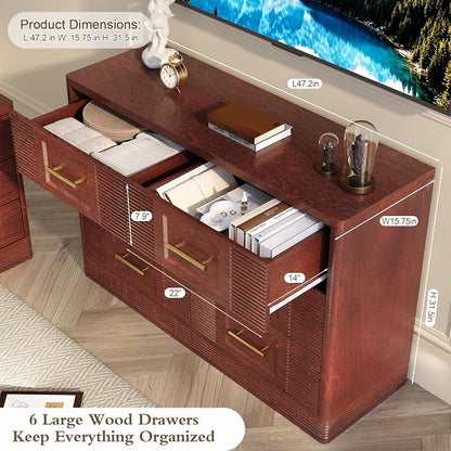 RECHHX Farmhouse 6 Drawers Dresser for Bedroom, 47.2" Wide Large Modern Chest of Drawers, Wooden Thermoformed Curved Dresser Organizer for Bedroom, Living Room, Walnut Cherry