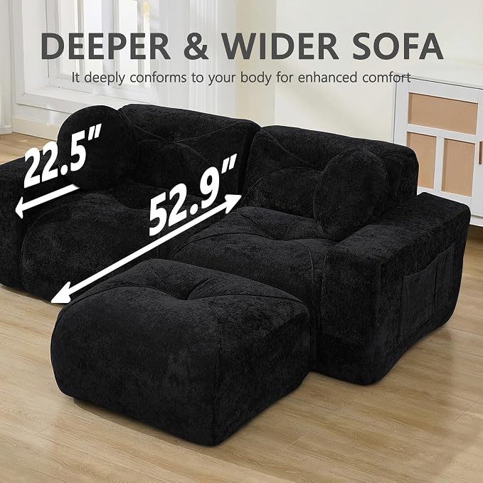 82" Modular Sectional Cloud Couch, L Shaped Sofa Boneless Couches with Movable Ottoman, 2 Deep Seat Modern Comfy Velvet Sofa for Living Room, Bedroom, Apartment (Black)