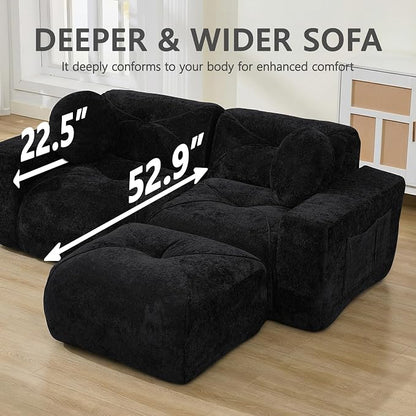 82" Modular Sectional Cloud Couch, L Shaped Sofa Boneless Couches with Movable Ottoman, 2 Deep Seat Modern Comfy Velvet Sofa for Living Room, Bedroom, Apartment (Black)