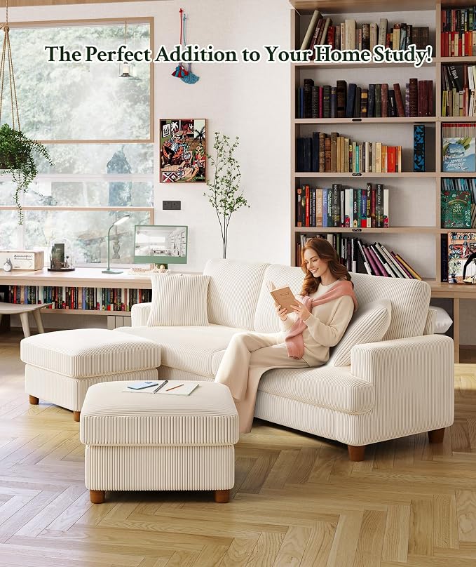 Welzona 87.2" Couches for Living Room, Comfy U Shaped Couch Beige 7.5" Thicker Cushion, Sofas for Living Room Tool-Free Setup, Loveseat with Ottoman 848lbs Support, Corduroy Couch for Bedroom, Office