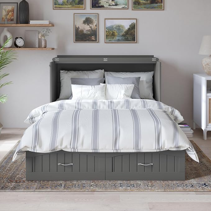 AFI, Southampton Murphy Bed Chest Full with 6" Mattress, Built-in USB Charger & Storage Drawer, Grey