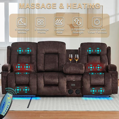 URRED Power Loveseat Recliner Sofa with Massage and Heat, Wall Hugger Reclining Loveseat with Console, RV Couch Home Theater Seating with LED Lights for Living Room (Brown, 89.8" - 3 Seats)