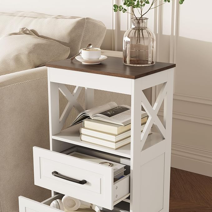 Tall Nightstand Set of 2 Side Table with 2 Drawers Modern Night Stand Wooden Rustic End Table Bedside Table with Below Open Shelf Solid Feet for Bedroom White+Walnut