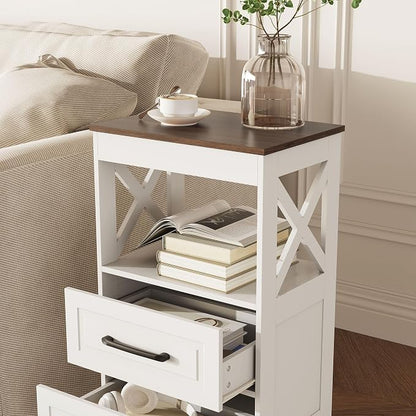 Tall Nightstand Set of 2 Side Table with 2 Drawers Modern Night Stand Wooden Rustic End Table Bedside Table with Below Open Shelf Solid Feet for Bedroom White+Walnut
