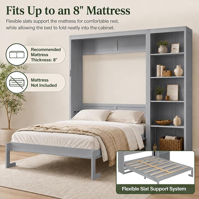 Queen Murphy Bed Cabinet with Storage, Wall Bed with Five-Layer Cabinet, Murphy Cabinet Hidden Bed, Space Saving Cabinet Bed with Dual Piston Mechanism for Apartment, Guest Room, Office (Gray 5)