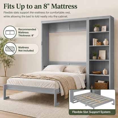 Queen Murphy Bed Cabinet with Storage, Wall Bed with Five-Layer Cabinet, Murphy Cabinet Hidden Bed, Space Saving Cabinet Bed with Dual Piston Mechanism for Apartment, Guest Room, Office (Gray 5)