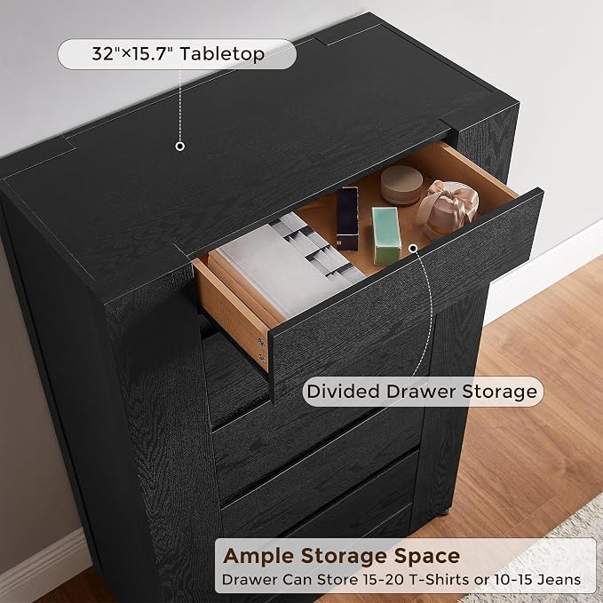 OKD 5 Drawer Dresser for Bedroom, 48" Tall Dresser Chest of Drawers with Thick Wood Design, Handleless, Modern Bedroom Dresser, Storage Organizer for Living Room/Entryway, Black Oak