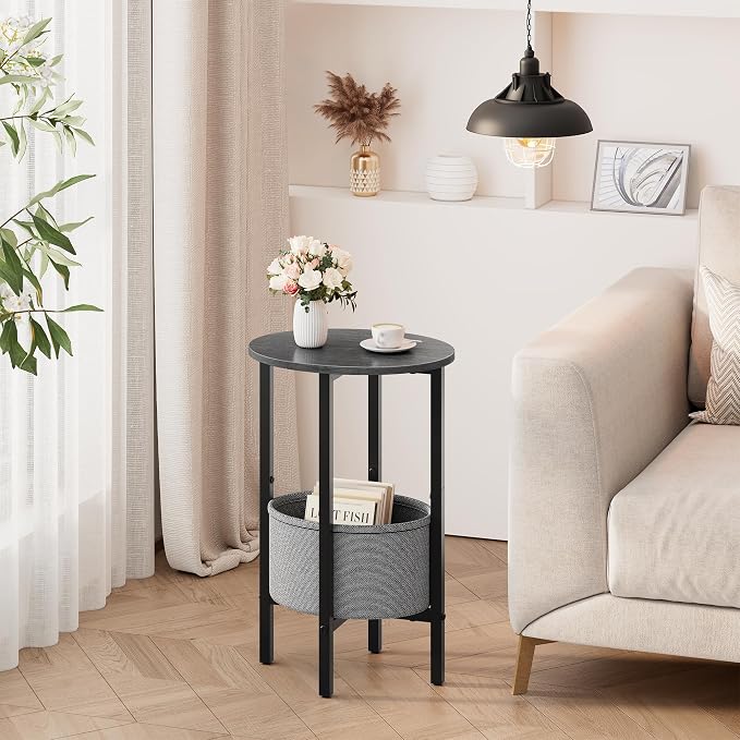 Vagusicc Round Side Table End Table with Storage Basket, Small Side Table Round Nightstand for Small Spaces, Tall Oval End Table with Steel Frame, Coffee Bedside Table for Living Room, Gray Walnut