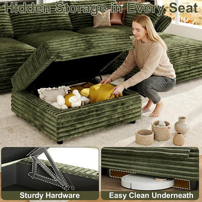DreamDashio 159” 6-Seat U-Shaped Sectional Sofa, Oversized Extra Wide Deep Seat Detachable Modular Cloud Couch, Certified Corduroy Fabric with Storage & High Backs, for Home Theater, Green