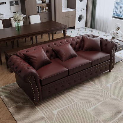 85.8" Tufted Leather Chesterfield Sofa with Storage, PU Chesterfield Couch with 3 Seats, Modern Chesterfield Sofa with Rolled Arm, Button Tufted Sofa for Living Room, Burgundy