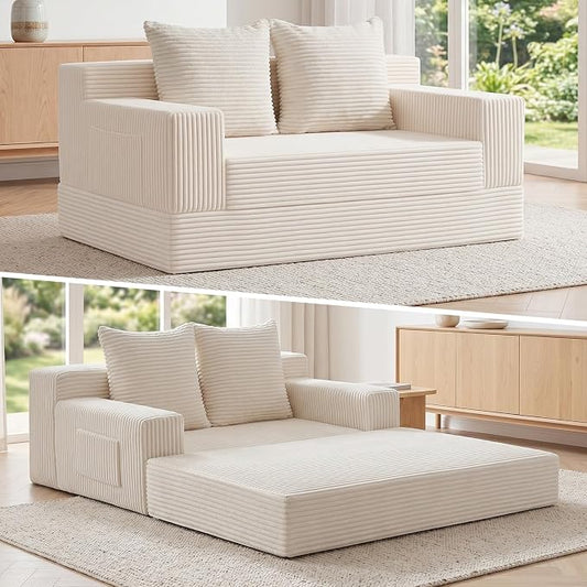 Boneless Loveseat Small Couch Bed, Futon Sleeper Sofa Bed,Convertible Pull Out Couch with 2 Pillows,Corduroy Folding Floor Couch for Living Room,No Assembly Required,Beige