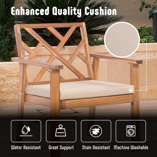 Werph 3-Piece Acacia Wood Outdoor Patio Furniture Set | Conversation Set with Padded Cushion Chairs and Coffee Table, for Porch Balcony Deck Backyard